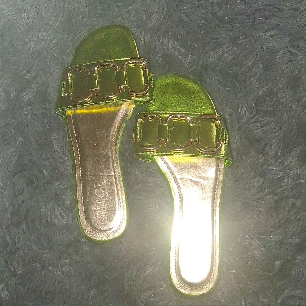 Rouge! Neon Green Slide Sandals with Gold Accents